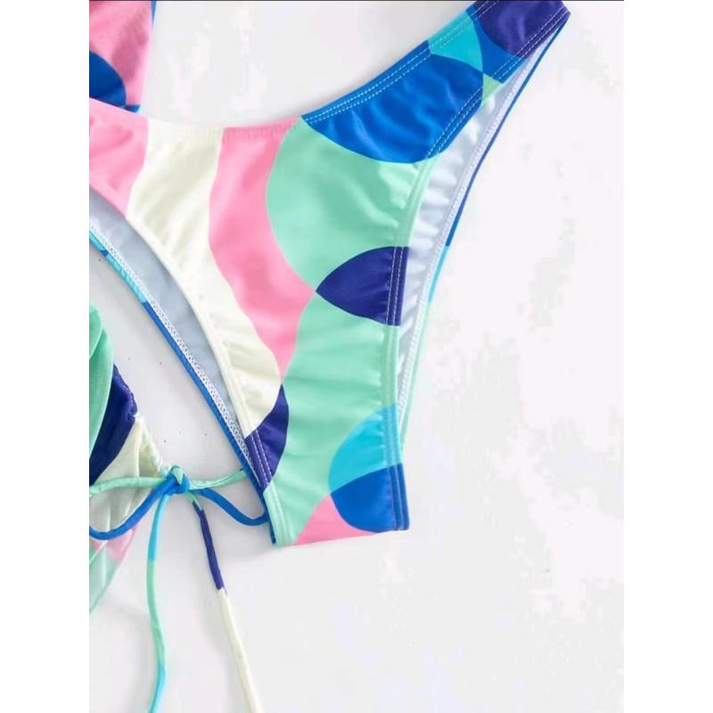 3 Piece Sexy Bikini Set Long Sleeve Sheer Mesh Cover Up Colorful Print Deep V Summer Beach Vacation Bathing Suit Swimwear