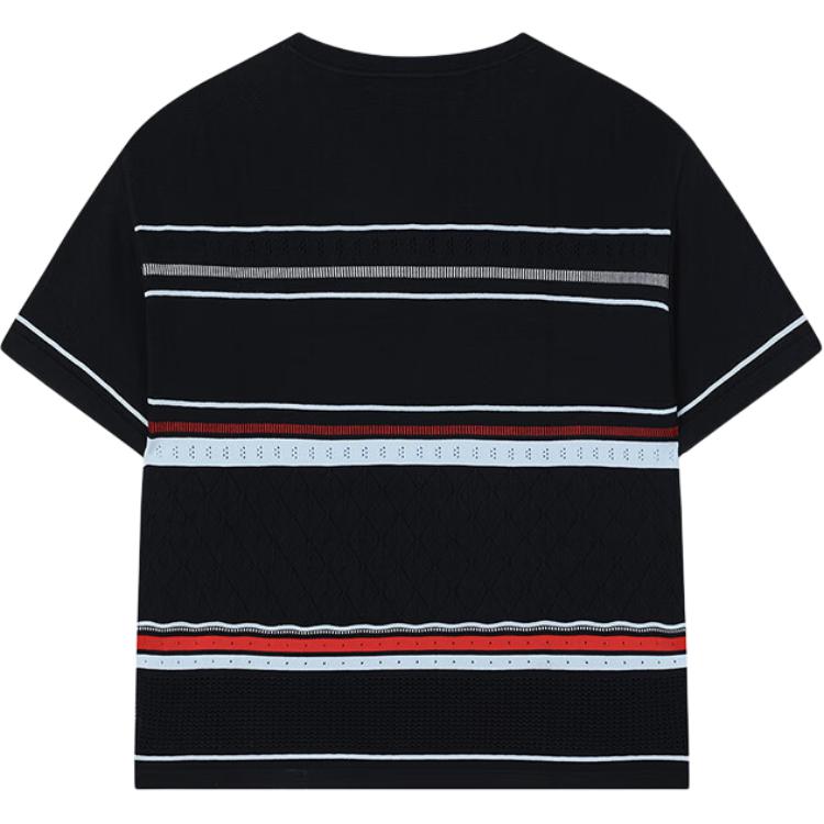 Fila Emerald Letter Embroidery Striped Pattern Round Neck Pullover Short Sleeve Knit Top Women Tops Legendary-Blue F11W434404F-NV