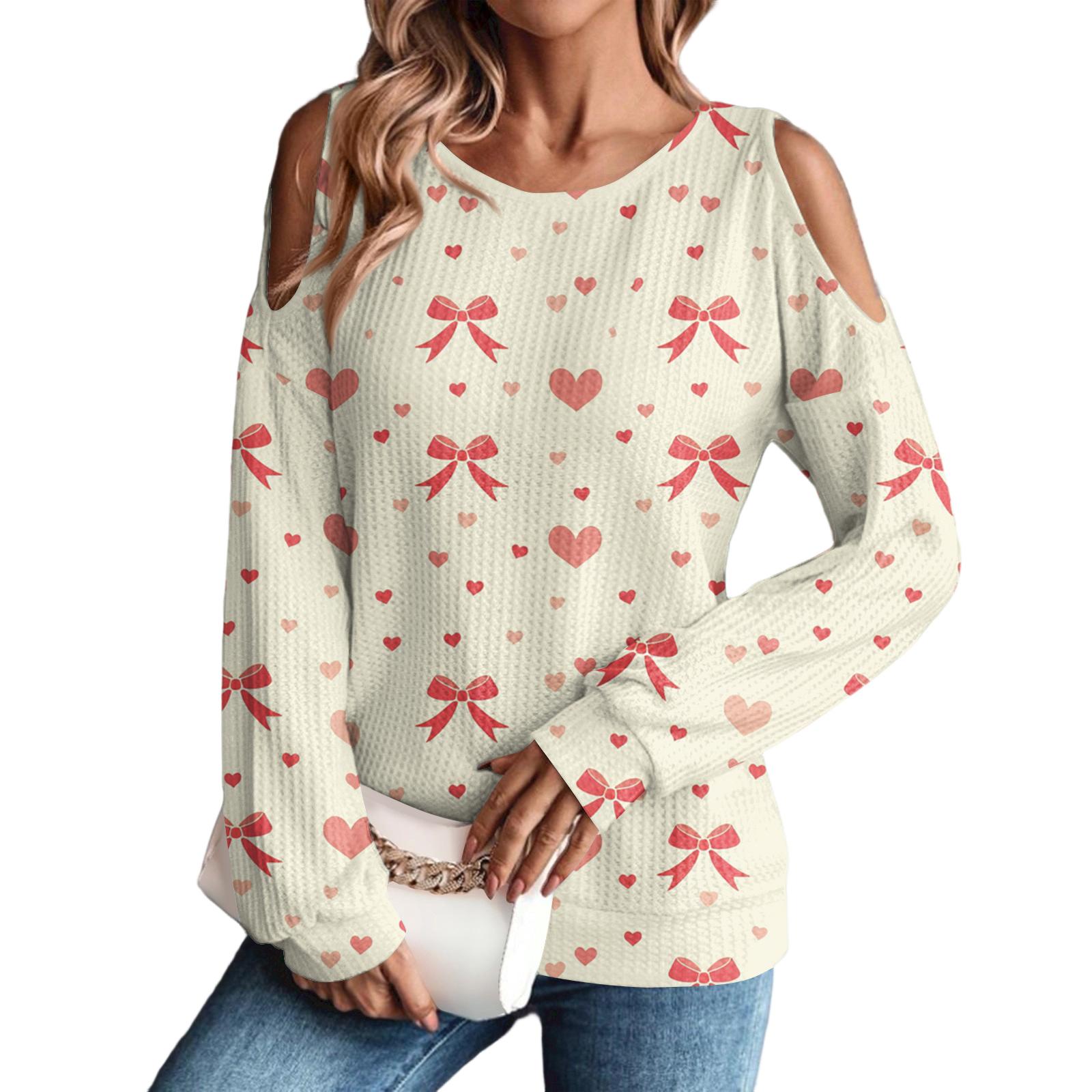 

Женская зимняя футболка оверсайз Модная с открытыми плечами Круглый вырез Винтажный цветочный принт Пуловер С длинными рукавами Топ L