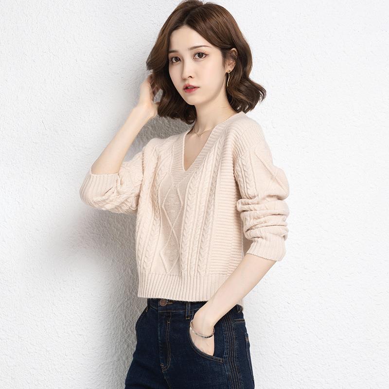 V-neck Sweater Short High Waisted Knit Sweater for Women's Trend Short Inner Pullover Sweater Solid Color Casual Knit Sweater Spring and Autumn Top