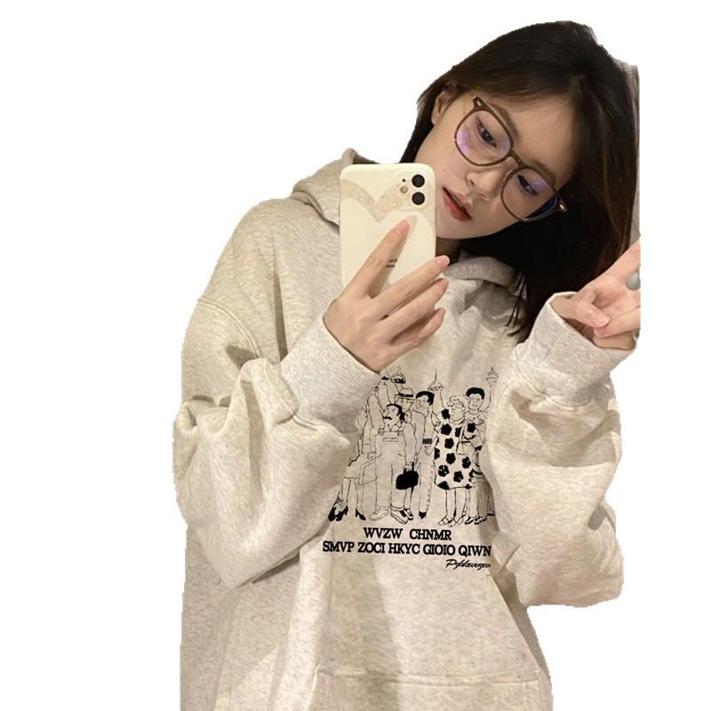 2025 New Guochao Printed Hooded Sweater Women's Autumn and Winter Heavy Couple Men's Fleece Thickened Jacket