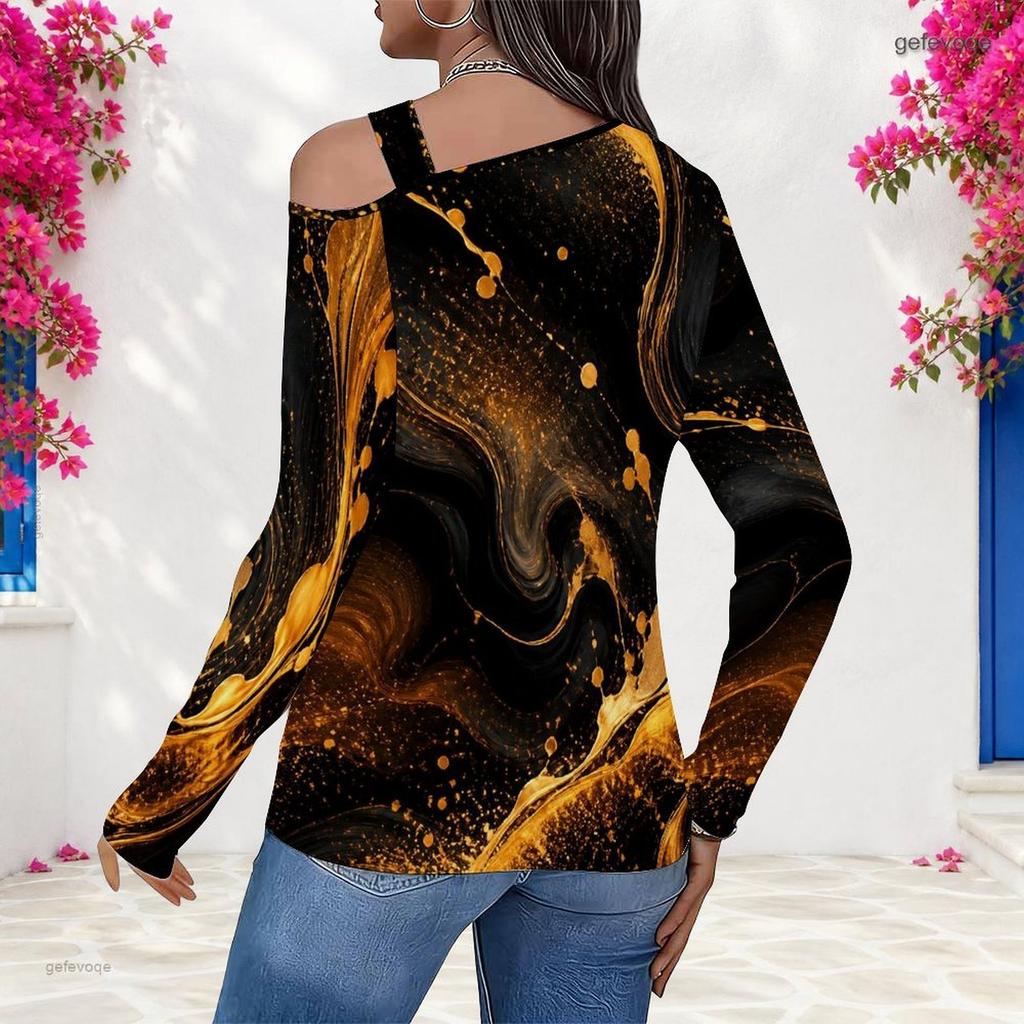 Women Plus Size Asymmetric Cutout Neck Cold Shoulder Long Sleeve Galaxy Printed Fitted Top