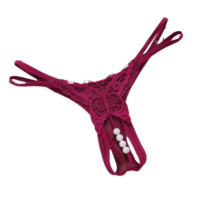 Damen String mit niedriger Taille, transparent, bestickt, mit Perlenmassage und offenem Schritt