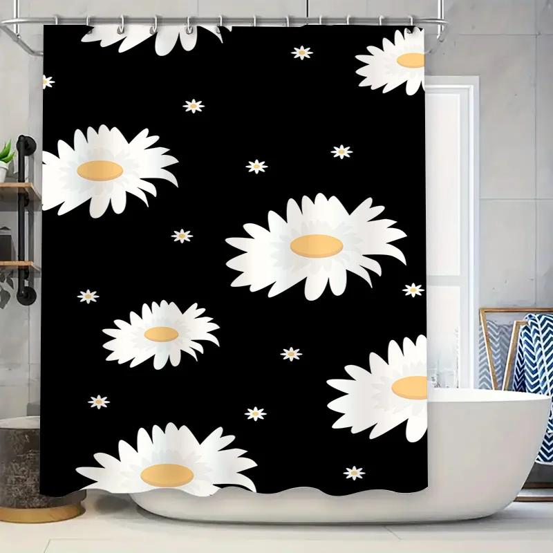 

Bathroom Decor Shower Curtain Waterproof Printing White Daisies Black Background Decorative Bathtub Cover Water Repellent Home A W60H190(CM)-1 Pcs