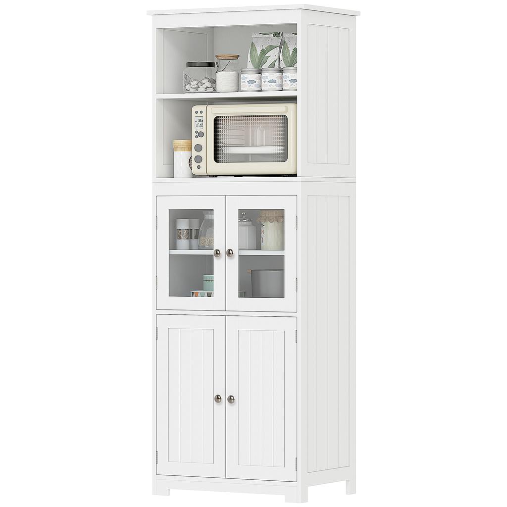 Armadio da Cucina Autoportante, Mobiletto a 4 Ante con Ripiano Regolabile e Ante in Vetro per Sala da Pranzo, Soggiorno, Bianco