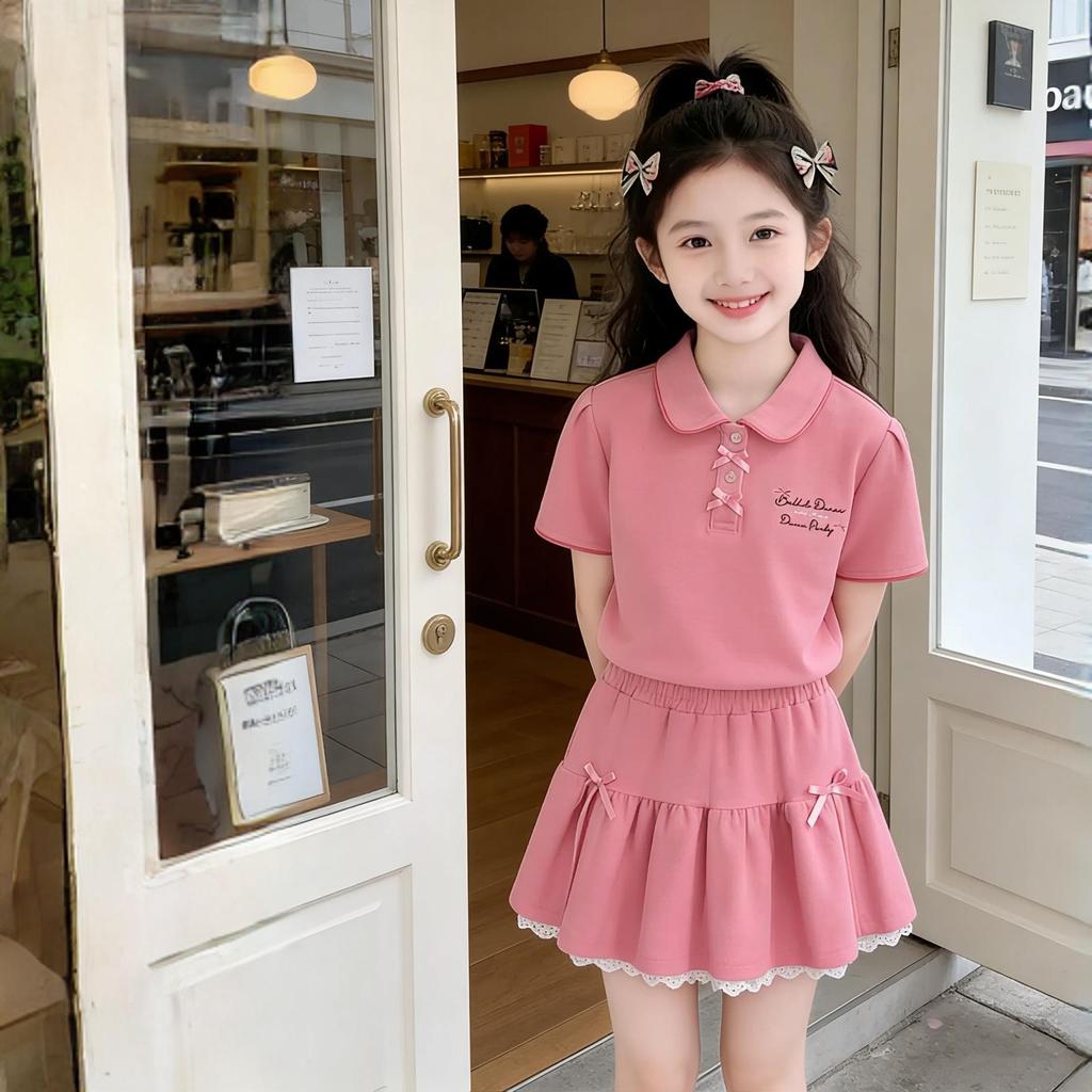 Girls' Forest Style Summer Two-Piece Set: Korean POLO Collar Top & Lace Skirt