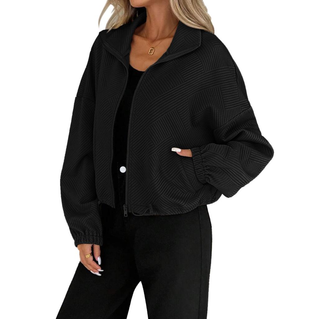 Fall Winter Women's Loose Baseball Jacket, High Neck Zipper Hem Drawstring Pocket Casual Coat for European American Crossbody