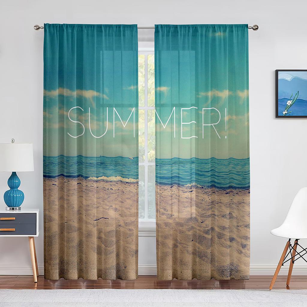Ocean Summer Beach Sunlight Seawater Tulle In Sheer Curtains for Living Room Bedroom Kitchen Window Treatment Chiffon Curtain