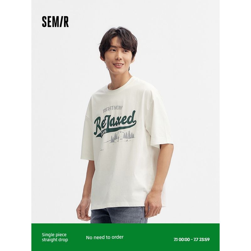 

Senma Contrast Color American Preppy Style Sweat-Wicking Short-Sleeved T-shirt Moisture-wicking Minimalist Letter This White M