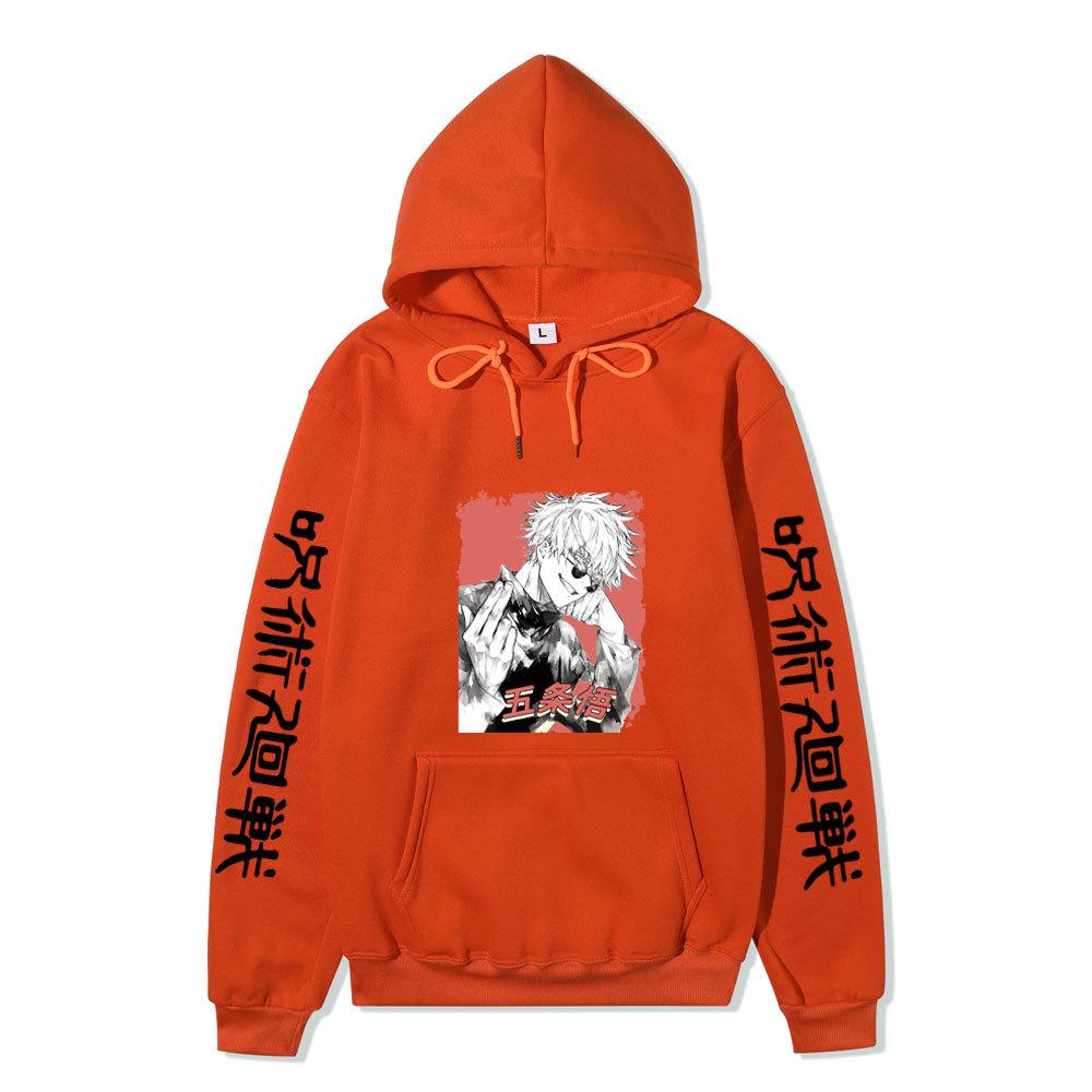 Jujutsu Kaisen Satoru Gojo Hoodie Unisex Fleece Sweatshirt Red Background Manga Portrait Kanji Sleeve Autumn Winter Pullover