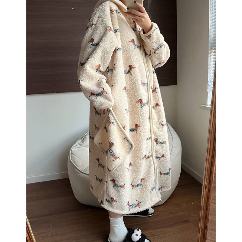 Women's Striped Fleece Hooded Robe, Thickened Warm Flannel Coral Velvet Loungewear Pajama Sets
