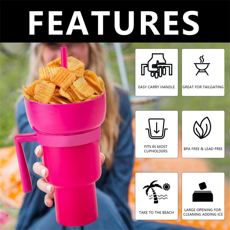 2 in 1 Popcorn Beverage Cup Snack 1000ML Straw Cup with Handle Water Bottles with Straw Coffee Cup Mug Leak-Proof For Kids Adult