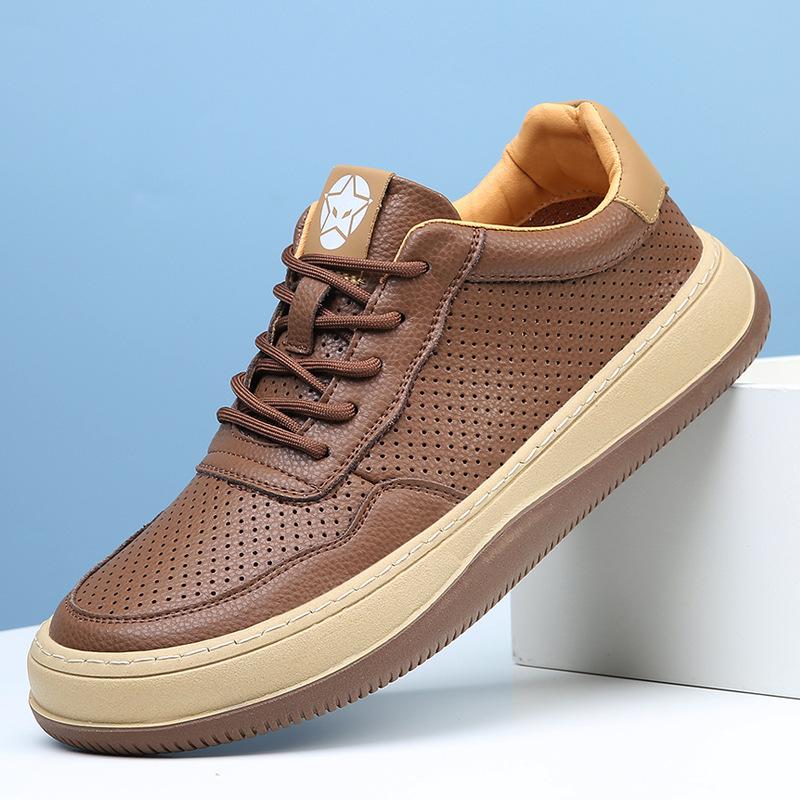 

Shoes men s board shoes leather spring and summer new thick-soled hollow holes sports and leisure shoes men s breathable little white shoes 44