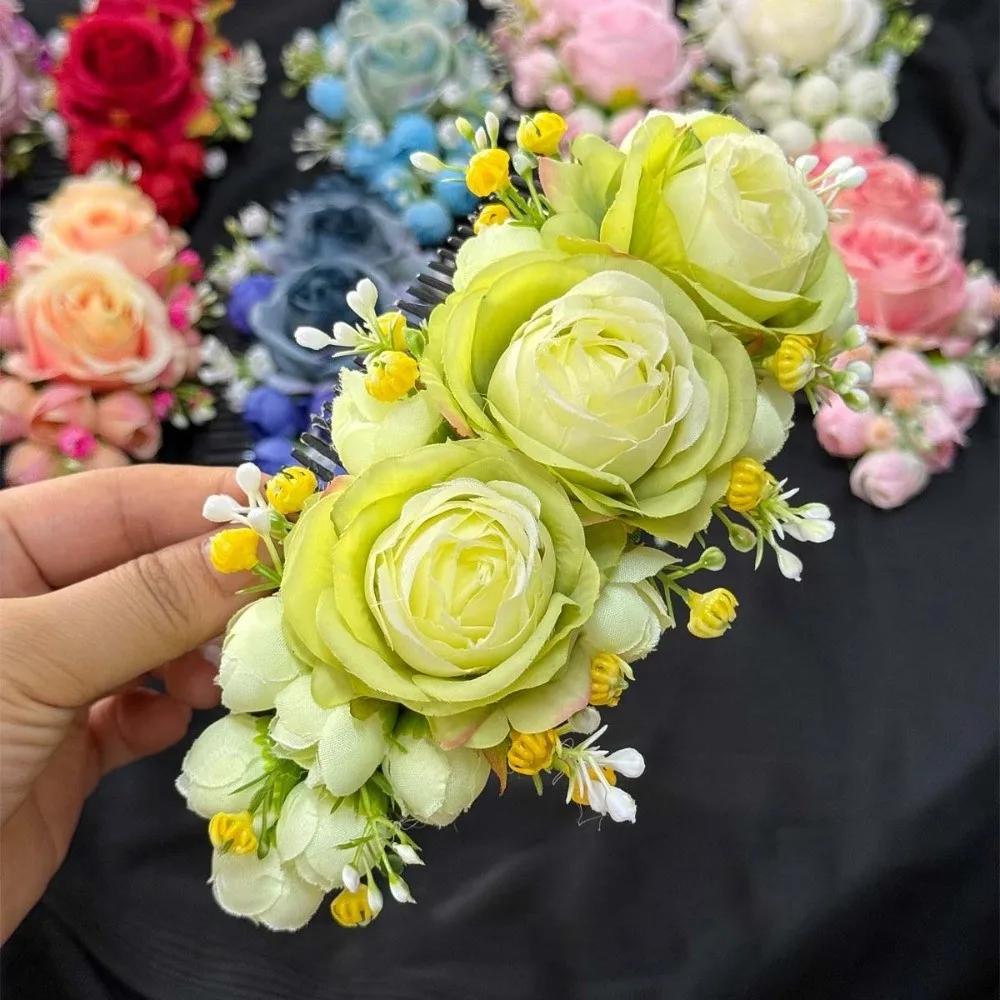 Handmade Sweet Flowers Hairpin Rose Floral Headwear Rose Hair Comb Plastic Cloth Chignon Hair Clips Girls