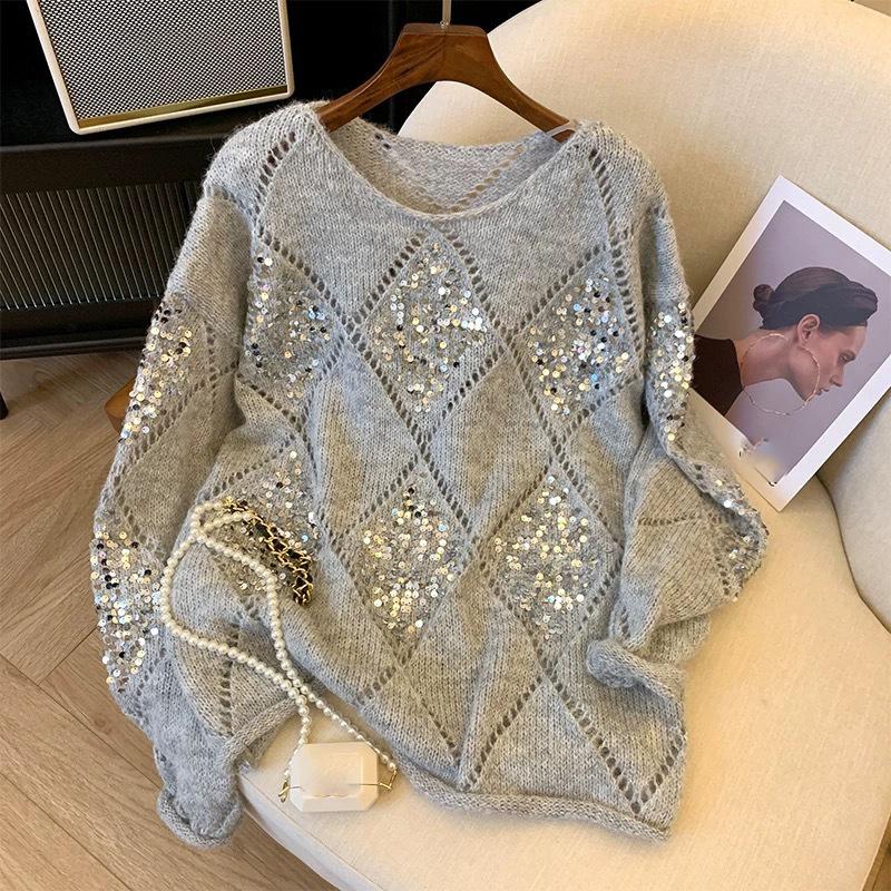 Damen Hohlstrickpullover Pailletten Uni Glitzer Strickbluse Langarm Pullover Blusen Damen Dame Strand Club Outfit