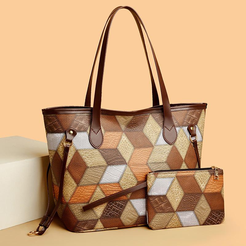 Contrasting color plaid splicing shoulder handbag