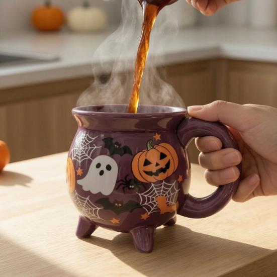 Gifts for Besties Women Halloween Witch Cauldron Coffee Mug, 360ml Ghost Pumpkin Spider Web Pattern Spooky Kitchen Decor Ceramic Cup, Drinkware Party,