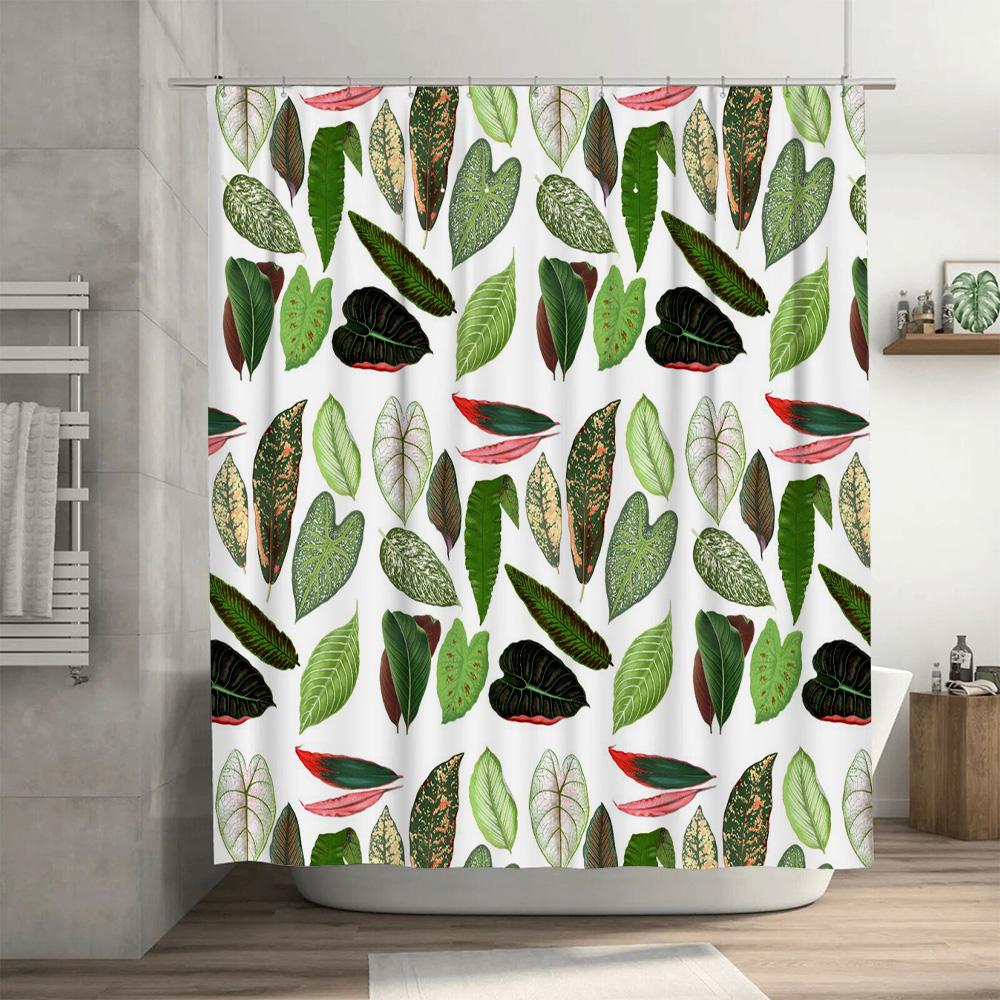 Leaf Pattern Shower Curtain Greenery Decor for Bathroom Watercolor Floral Design with Red Pink White Leaves Easy Installation Wa