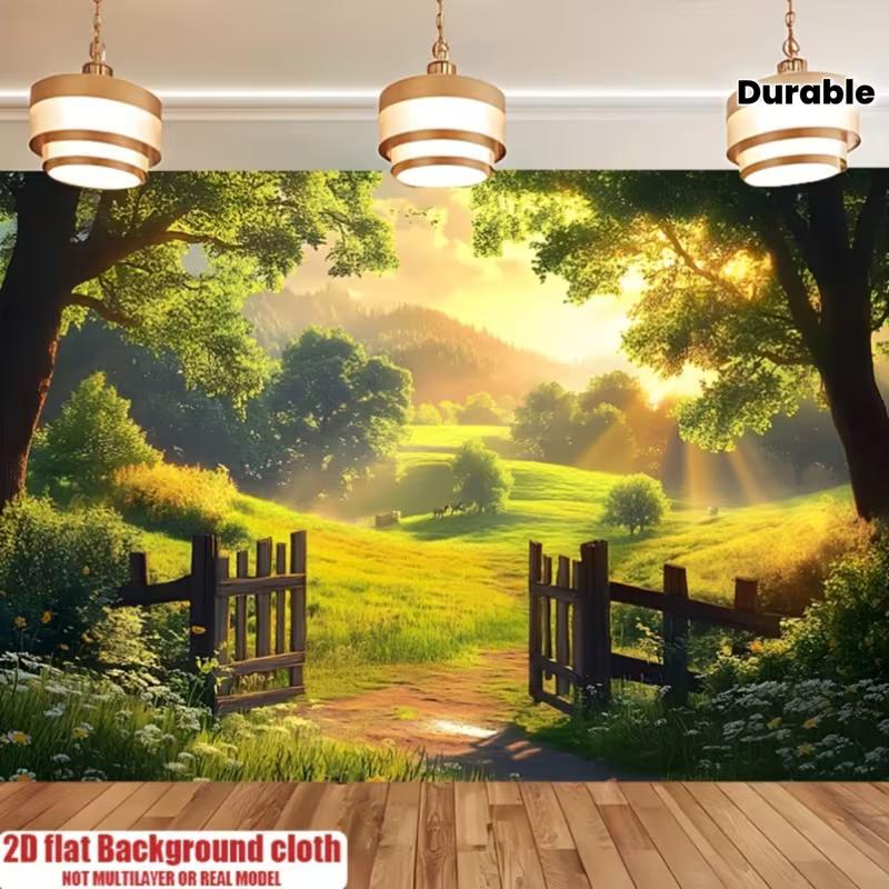 

2D Sunrise Green Meadow Photography Backdrop Rustic Farm Gate Background 47.2x31.5inch/120*80cm