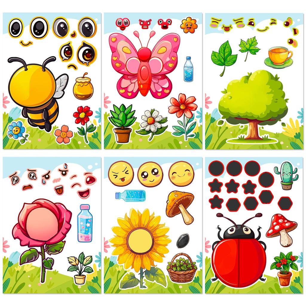 12 Photos/package Children's Cartoon Spring Garden Bee Toy Handmade Puzzle Sticker Emoji Replaceable