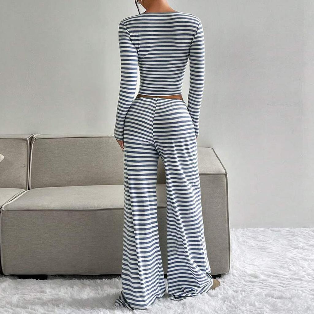 Women's Striped Pullover Long Sleeved Drawstring Wide Leg Pants Set