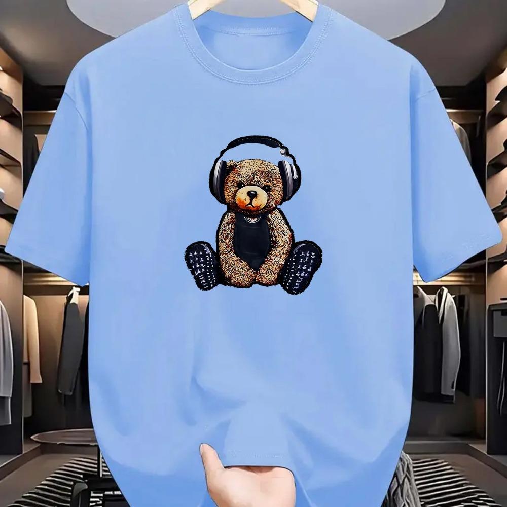 Men's Summer Cotton Fashion Casual Sports Loose Music Bear Pattern Printed Round Neck Short Sleeve T-shirt Top