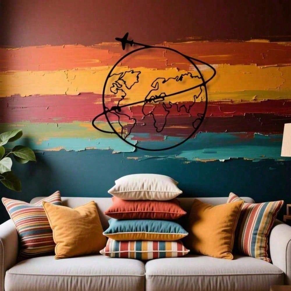 Metal World Map Wall Art Airplane Trajectory Minimalist Iron Craft Travel Theme Living Room Office Gift Travel Lovers