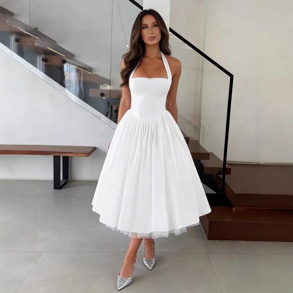 A new European and American style waist pendulum white dress women's summer French elegant temperament dress dress