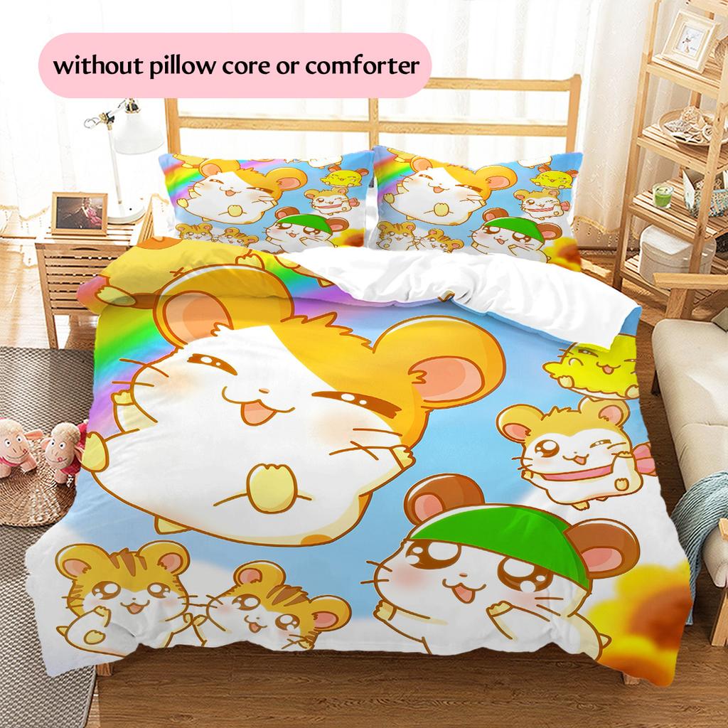Hamtaro Muster Bettwäsche Bettdecke Set Heimdekoration Geschenk (1 Bettbezug + 2 Kissenbezüge (ohne Füllung))