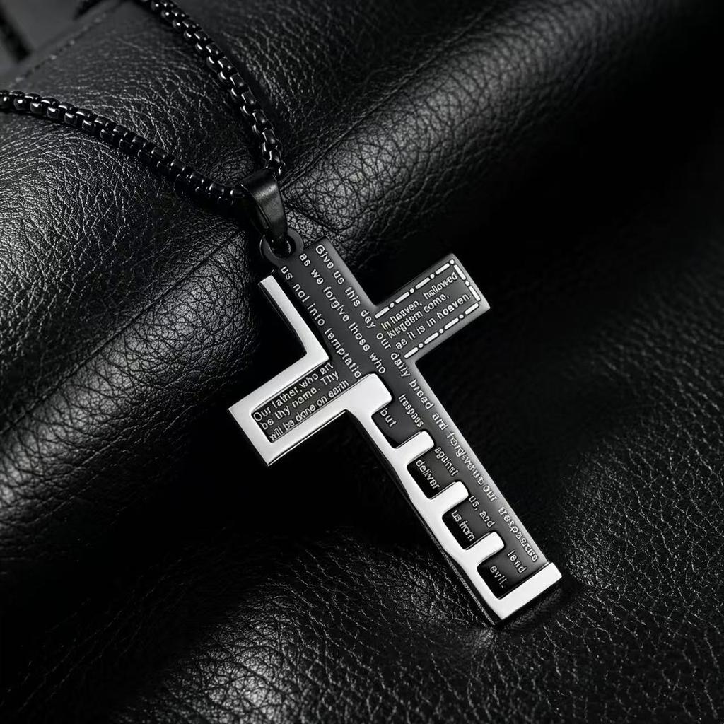 Stainless Steel Bible Cross Pendant Necklace for Men Street Fashion Waterproof Jewelry Accessories Gift