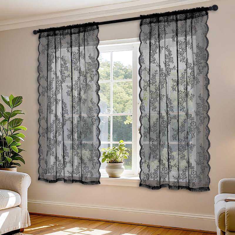 Romantische Chiffon Kant Gordijnen Semi-Transparant Landelijk - voor Balkon Erker Kantoor Huisdecoratie Ontspanningsthema 100x110cm-1pc zwart