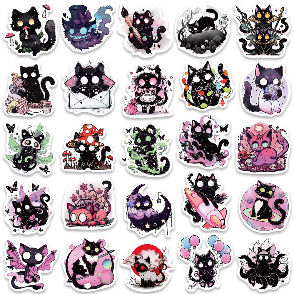 50Pcs Kawaii Magic Witch Cat Kitty Gothic Cartoon Graffiti Stickers Decal Stationery Laptop Fridge Suitcase Bottle Phone Sticker