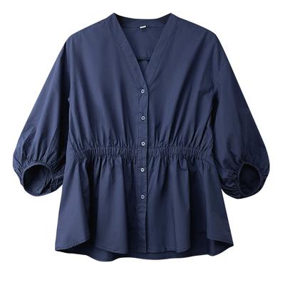 Waist-closed Doll Shirt Top for Women's Five-quarter Sleeve Summer V-neck Design Loose Cotton Top
