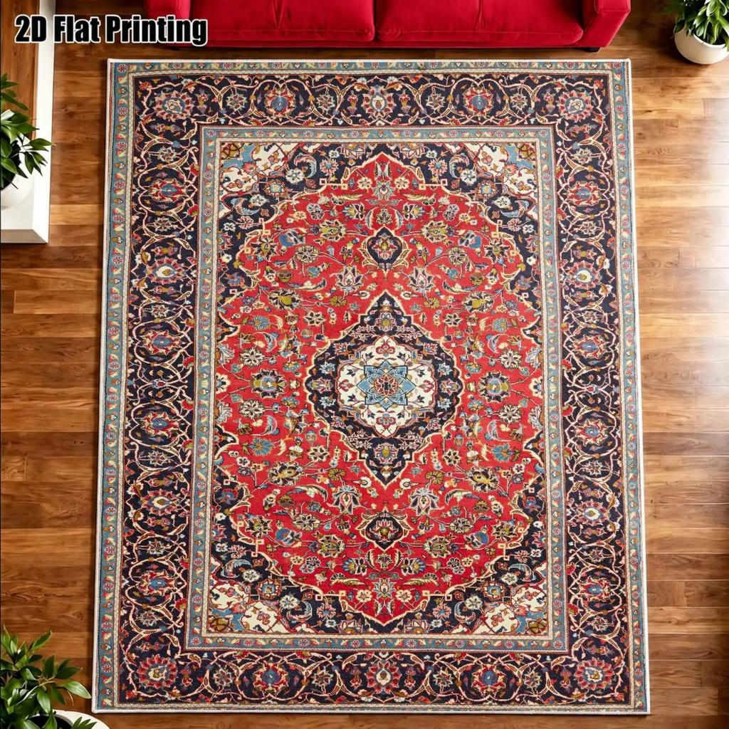 1Pc 2D Printed Velvet Carpet, Red Blue Persian Floral, Vintage Bohemian Geometric, Machine Washable, Multi-Size Home Decor Rug f