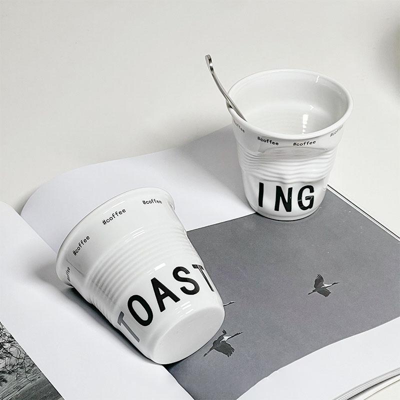 Korean Style Cups Irregular Ceramic Coffee Mug White Hand-pinch Nordic Wrinkle Cup English Letter Style 200ml Drinking Tumbler