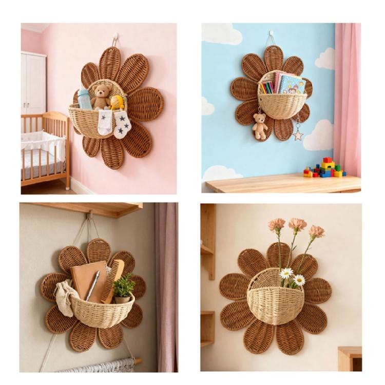 Sturdy PP Rattan Wall Hanging Basket Featuring Sunflower Decoration For Flower Presentation And Household Storage