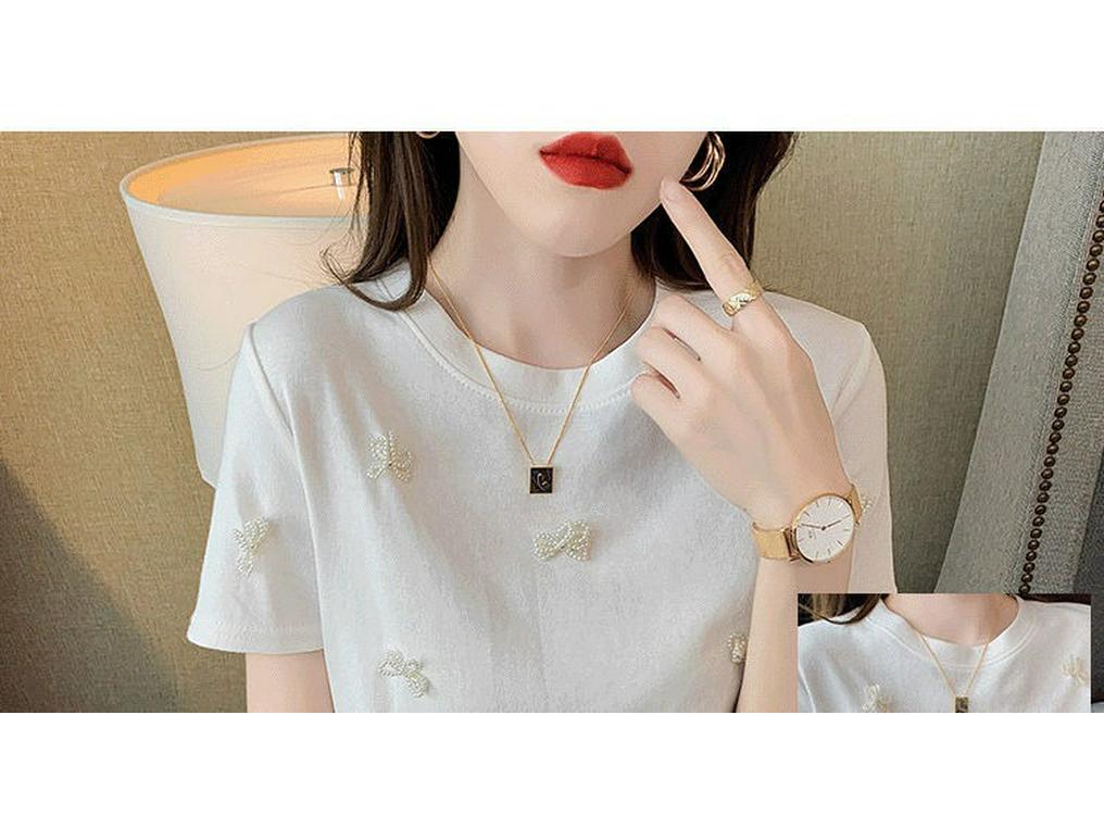 2025 Summer Women's French Fashion Beaded Bow Slim T-Shirt
