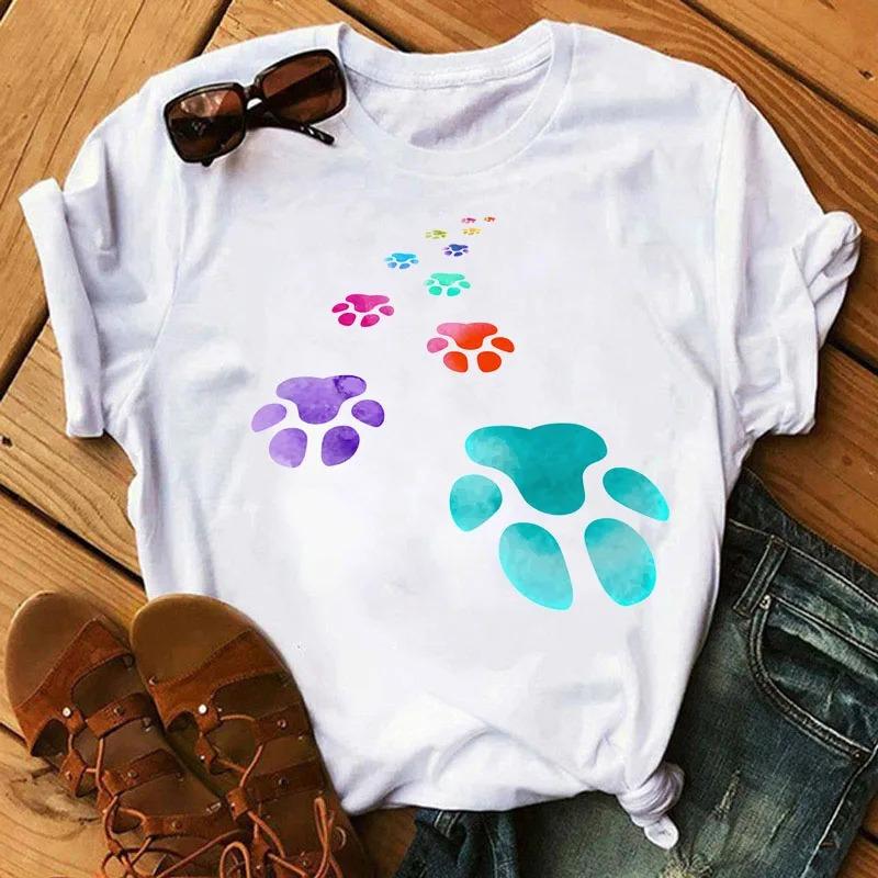 Womens CartoonTshirt Colorful Heart AndDog Paw Print Tshirt Womens Summer Tshirt 90s Girl ShortSleeve Tshirt Black Tshirt