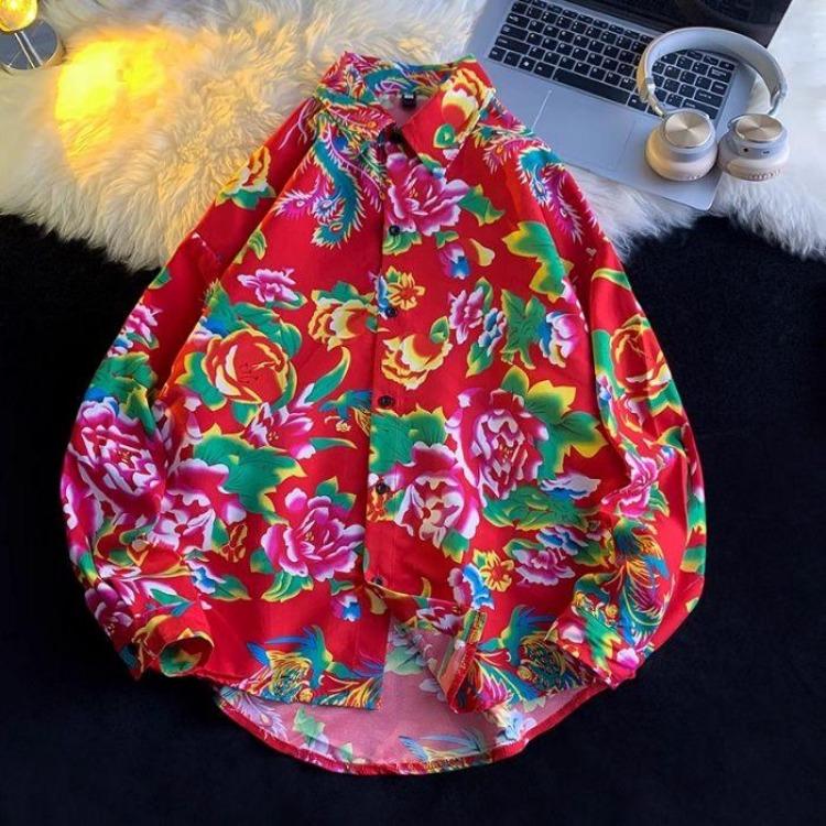 

Spring Autumn Floral Top Unisex Retro Peony Shirt Casual Ethnic Style 3XL червоний