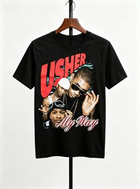 Vintage Usher2026 My Way Multi Portrait Retro Graphic Pure Cotton Hip Hop Short Sleeve T Shirt