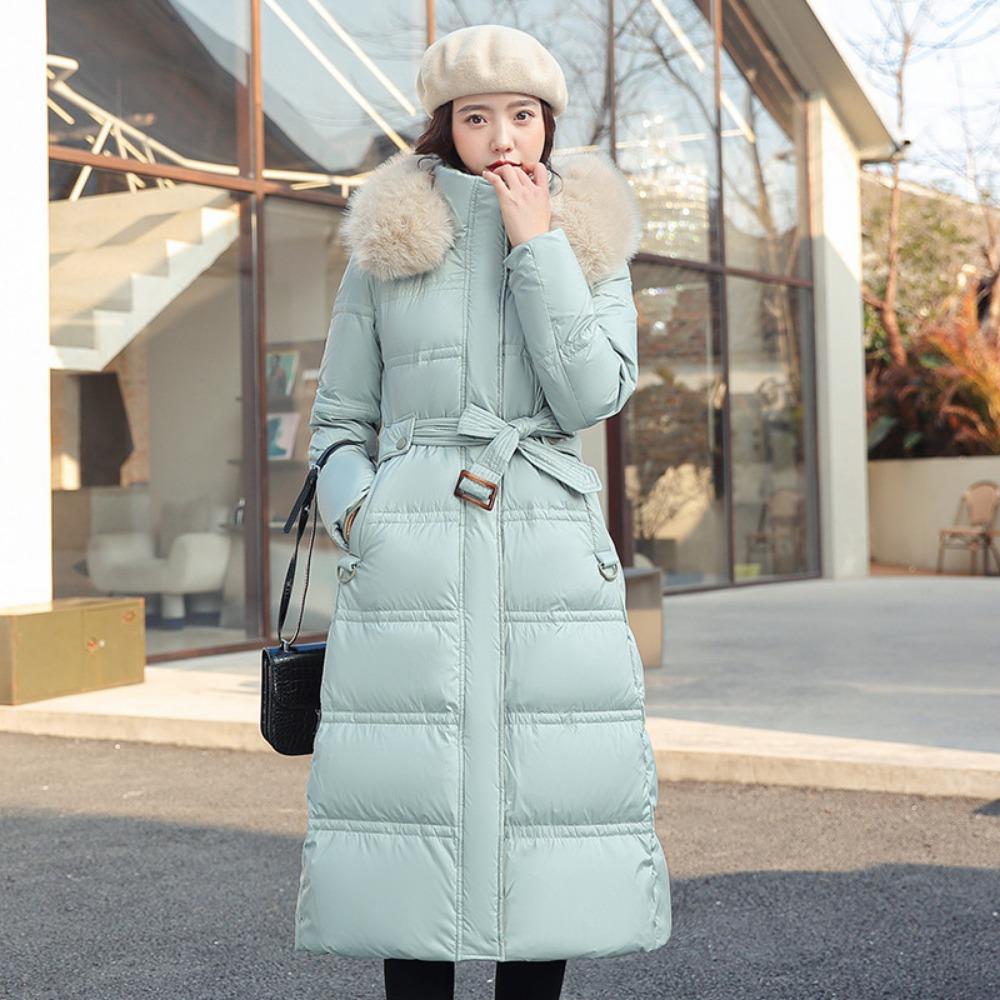 Winter new down cotton clothes women's long over-knee big fur collar Korean version slim and thin belt coat cotton