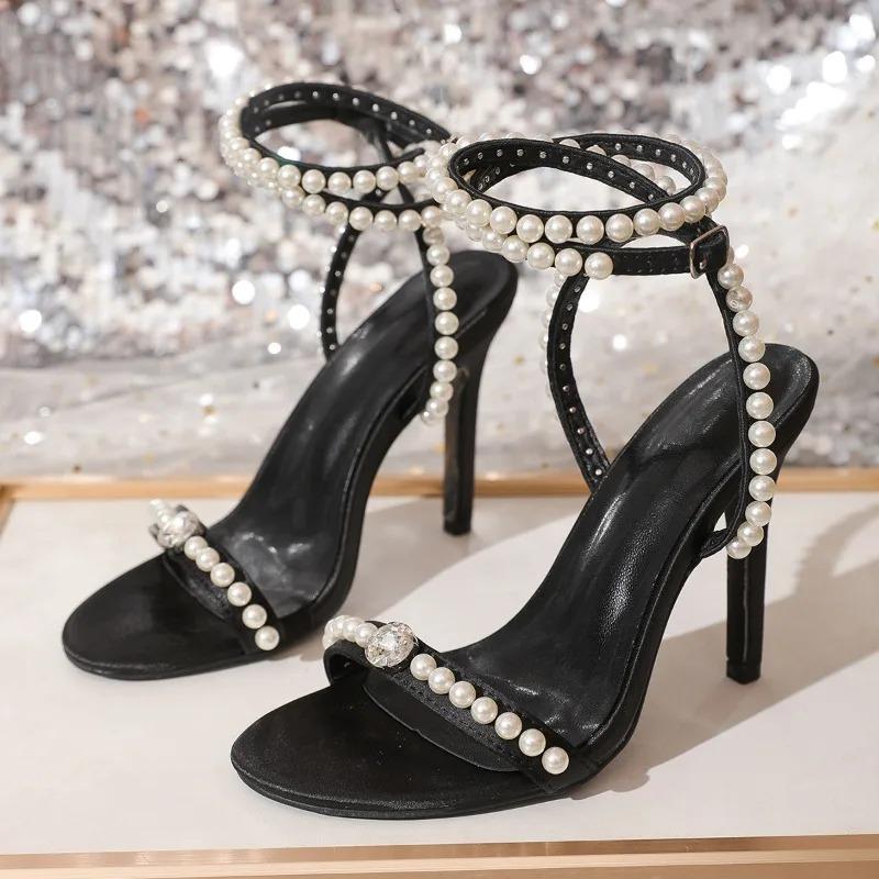 Fashion Hot Selling 2025 new Fashion Open Toe String Bead Buckle Strap Women Sandals Sexy Thin High Heels Ankle Cross-tied Ladies Shoes