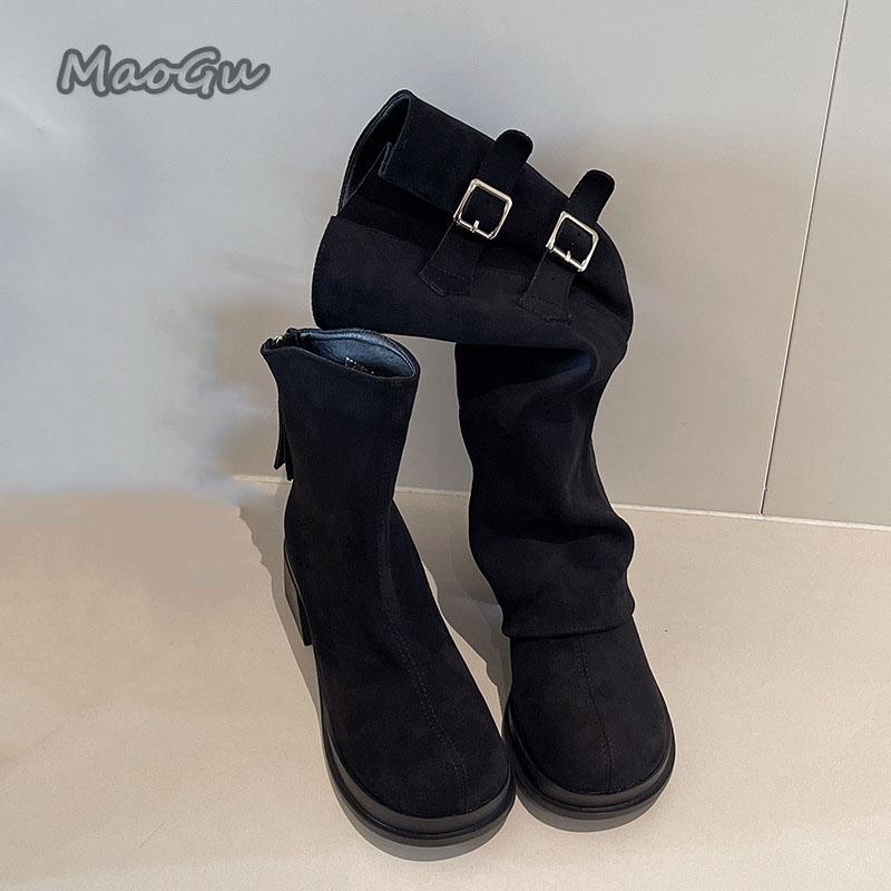 Vintage Women Trouser Legs Boots Removable Belt Buckle Autumn Winter Shoes Thick Heel Ladies Elegant Long Booties Beige Black