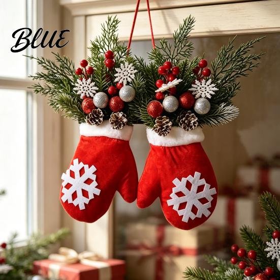 Christmas Party Decorations Mitten Door Hanger Red White Glove Ornament with Pine Cone Berries Reusable Holiday Ornaments Fabric Wall Decor