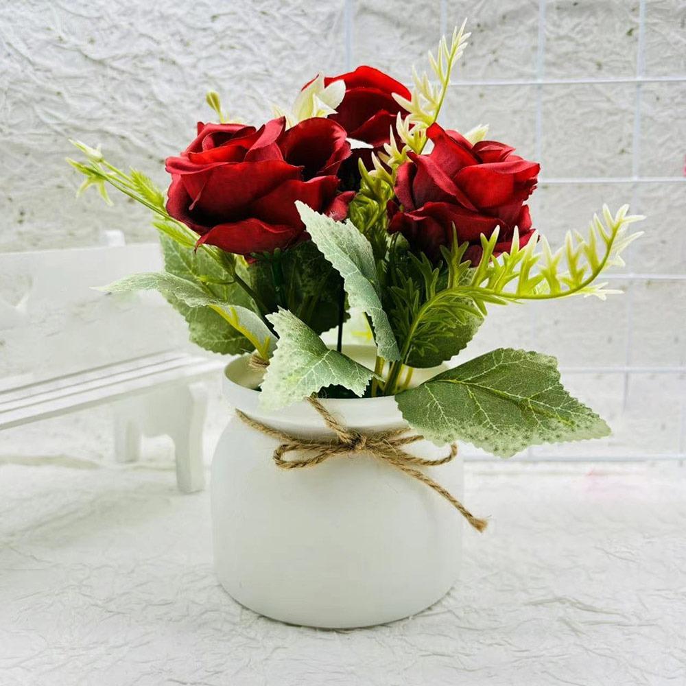 

Реалістична 3 Трояндова Квітка Штучна Рослина в Горщику Мініатюрний Ландшафт Міні Штучні Рослини Бонсай Декор для вулиці червоний