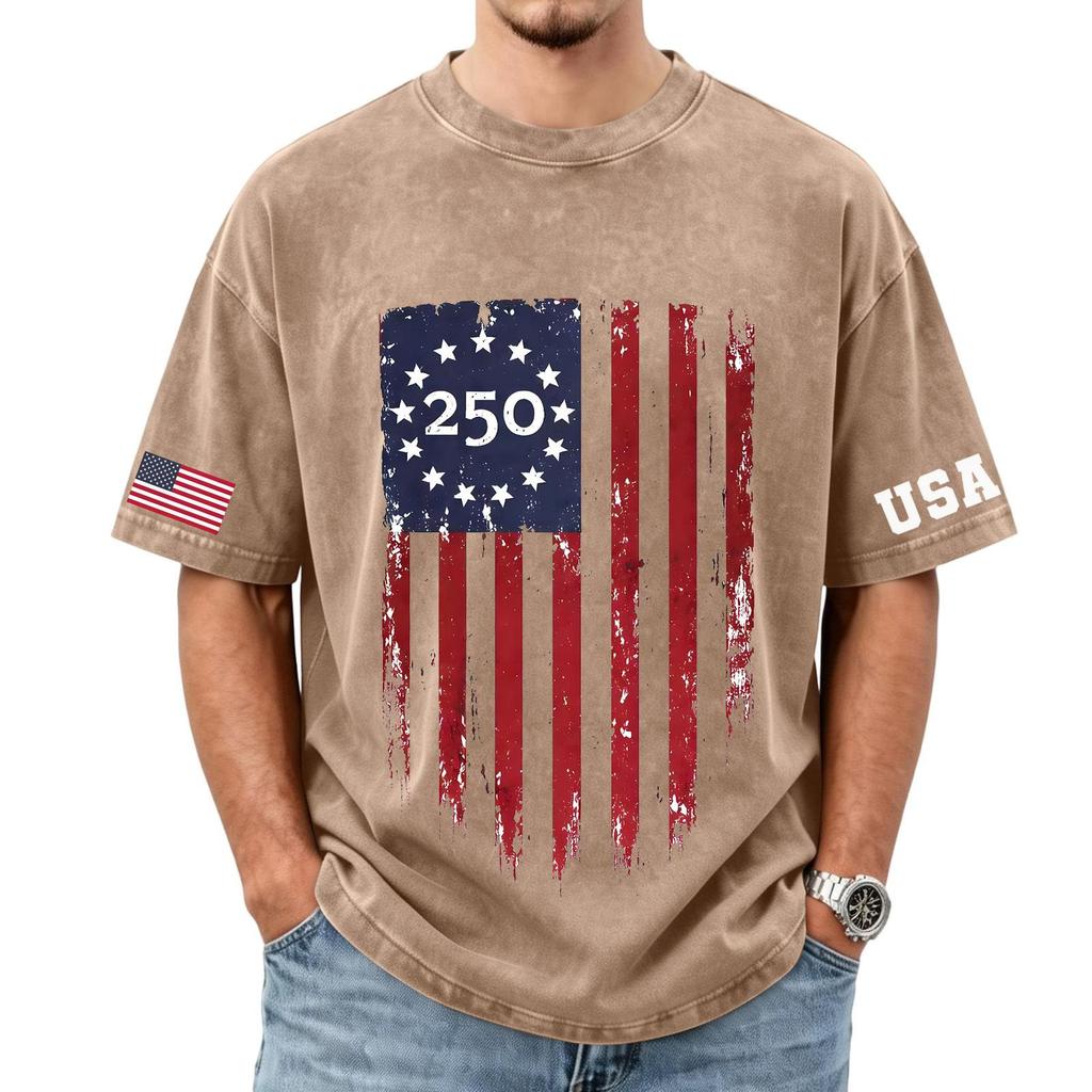 Herren lockeres und lässiges T-Shirt mit Flaggen-Buchstaben-Print - Trendiges gewaschenes kurzärmeliges Oberteil für Herren