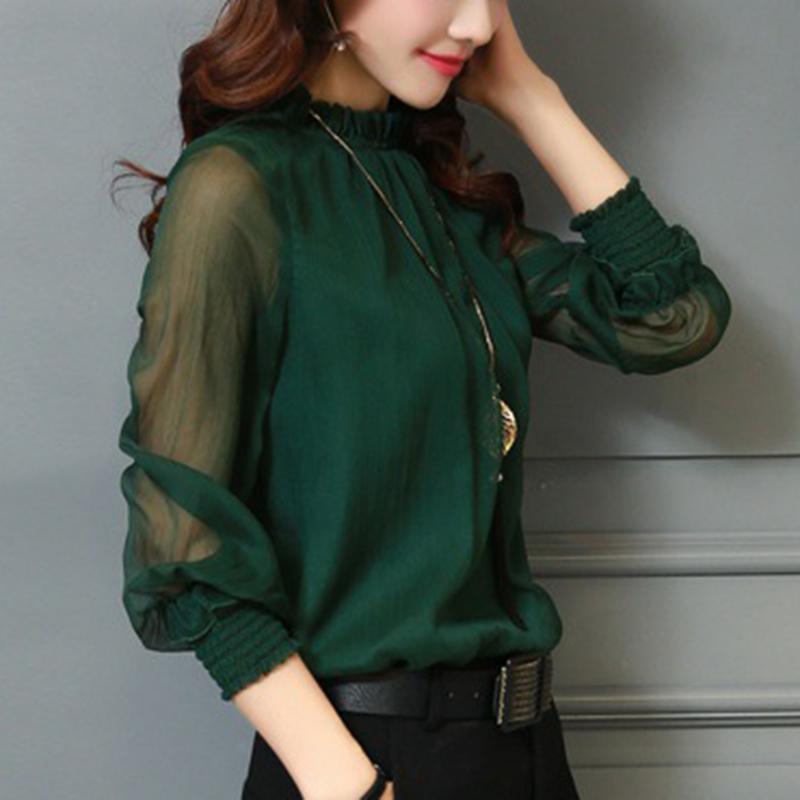 Primavera Estate Pizzo Largo Chiffon Camicia Donna Maglia Ruffle Manica Lunga Taglie Forti Donne Camicette e Top Elegante Solido Casual Camicie Femminili 24585