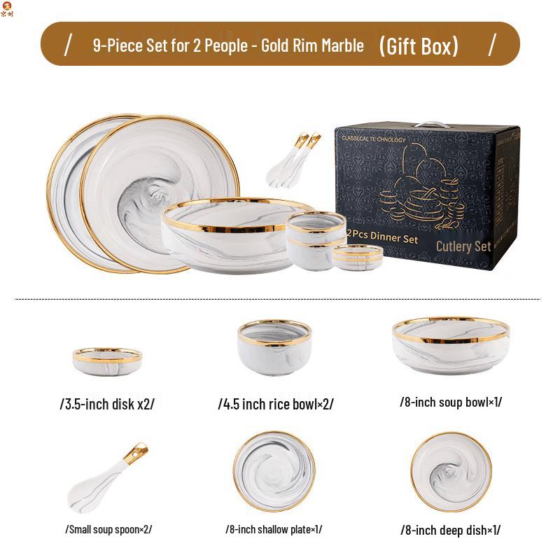 Jingzhou Gold Rim Marble Ceramic Dinnerware Set
