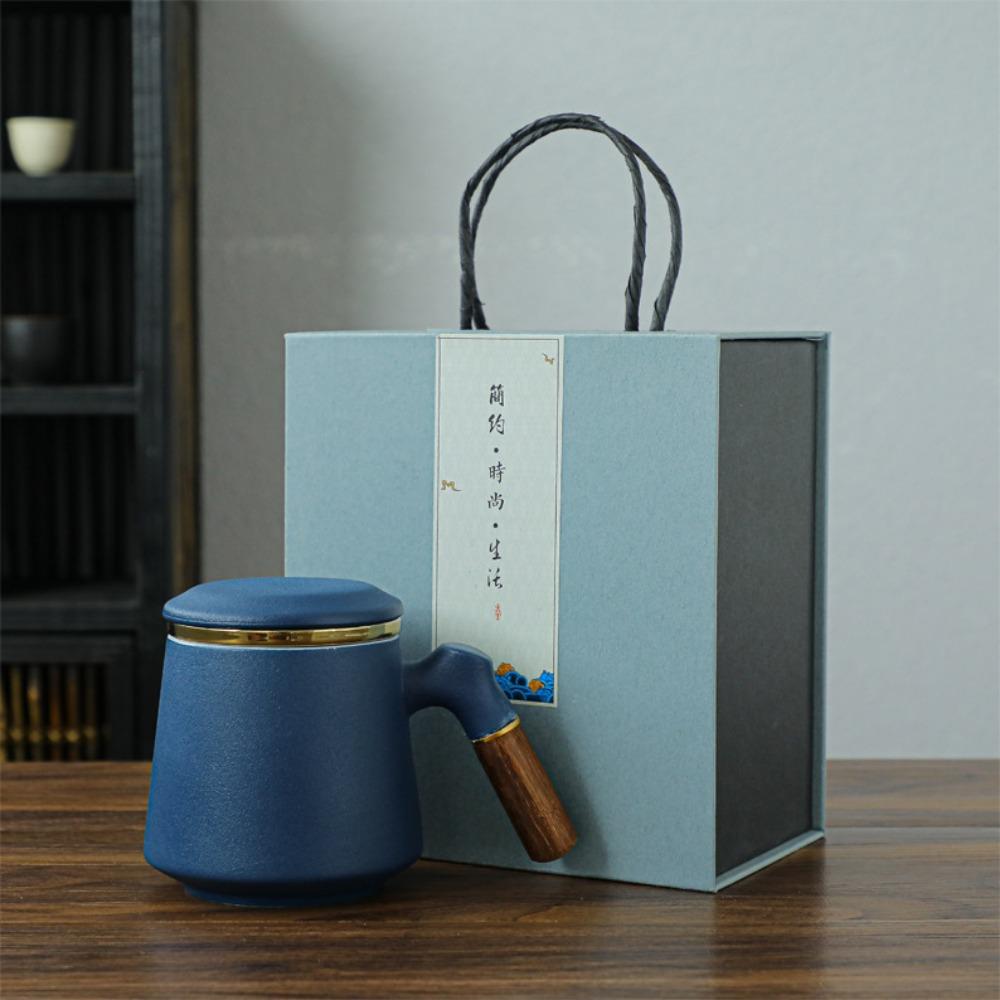 Ceramic Tea Cup with Lid Tea Separation Cup Filter Water Cup Creative Wooden Handle Cup Office Cup Gift Cup