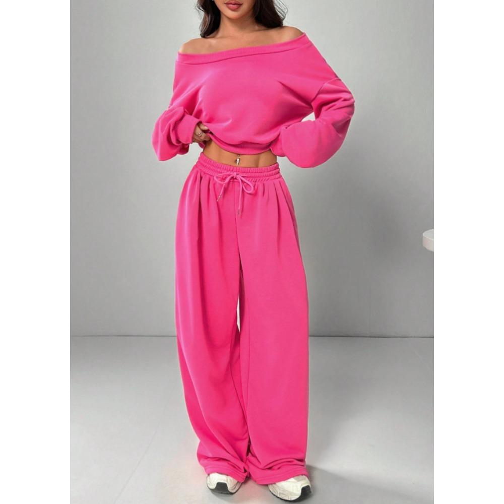 Tuta da Donna Vestibilità Larga Spalle Scoperte Manica Lunga Crop Top Vita Alta Pantaloni Larghi Tuta Due Pezzi